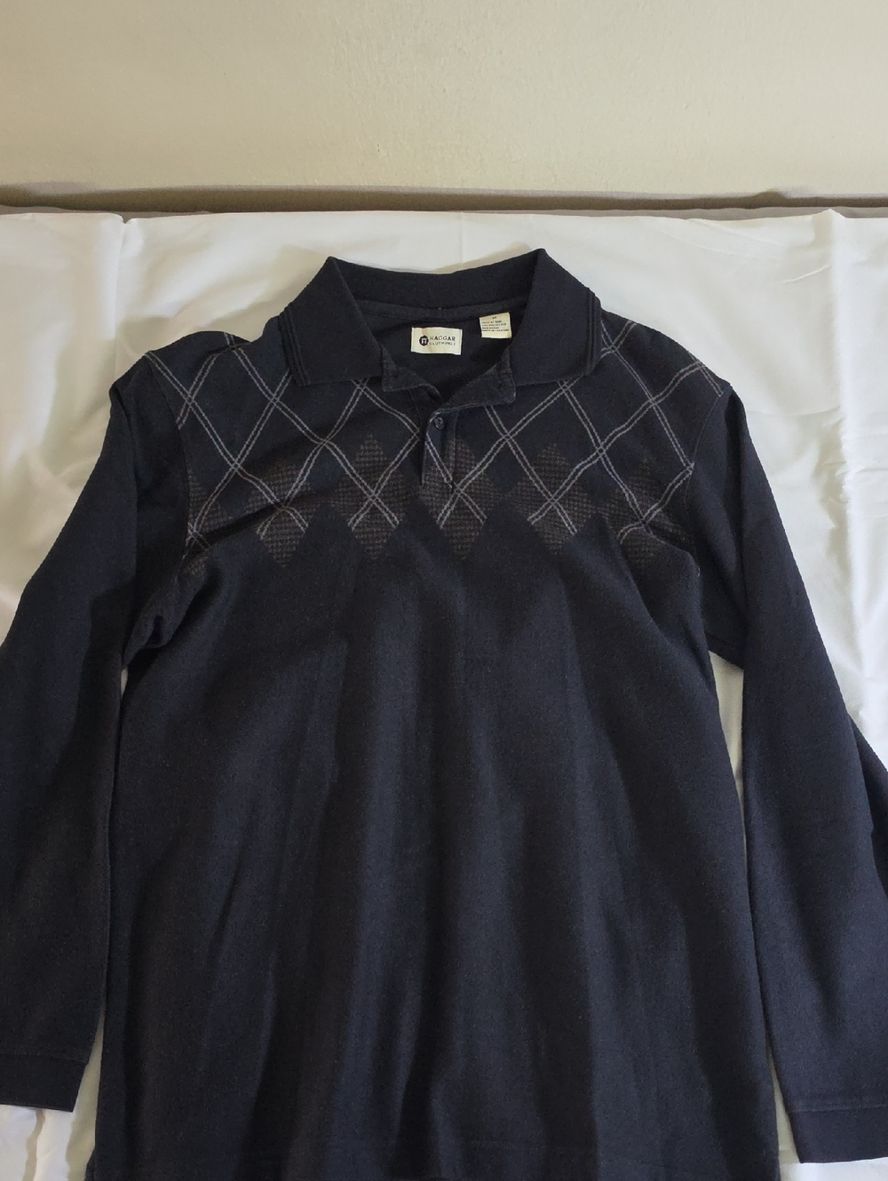 Men's Long Sleeve Polo with Diamond Pattern - Navy